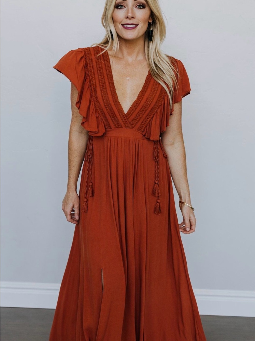 Rust Maxi Dress with V-Neck and Tassel Detail